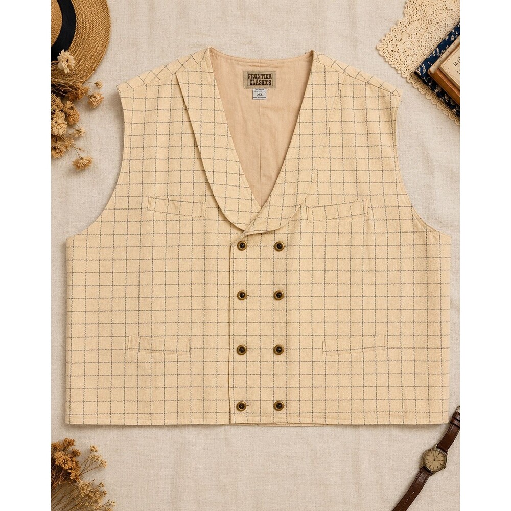 Frontier Classics Vest Mens 3XL Beige Windowpane Western Cowboy Waistcoat Cotton